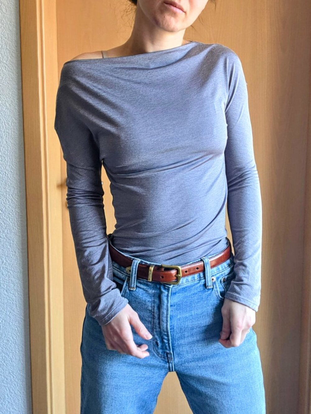 CLASS Roberto Cavalli Gray Boatneck Long Sleeve Jersey Blouse - Medium